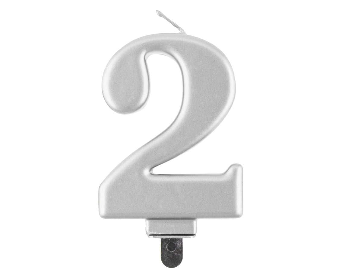 Candle Number 2, metallic silver, 8 cm Godan