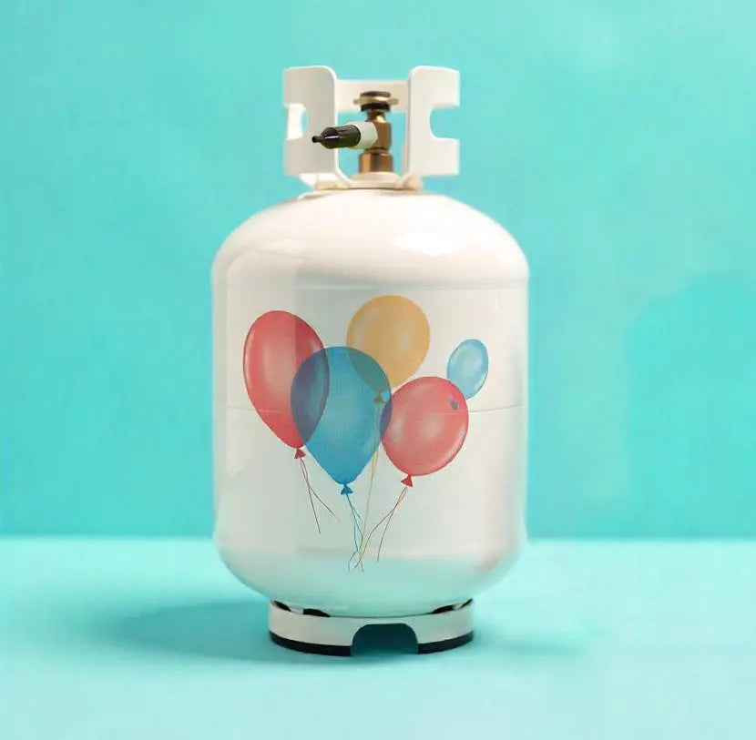 Helium cylinder for balloons featuring colorful balloon designs, ideal for balloon accessories and decoration.