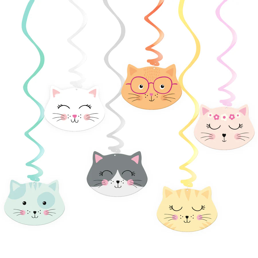 Six 85 cm cat hanging swirls decoration pieces with playful double-sided cat prints