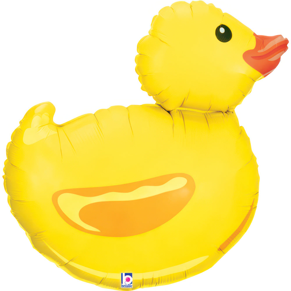 Foil balloon rubber duck in yellow color, 74 cm size, perfect for parties or decorations, inflates with air or helium.