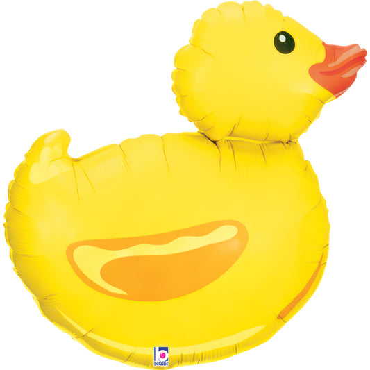 Foil balloon rubber duck in yellow color, 74 cm size, perfect for parties or decorations, inflates with air or helium.