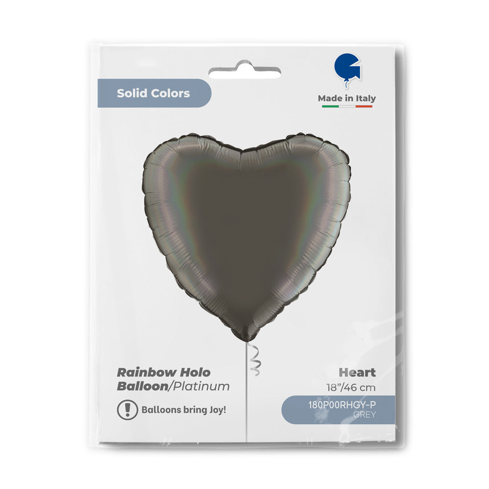 Foil Balloon Heart, Satin Rainbow Holographic Platinum Grey, 18" / 46 cm Grabo