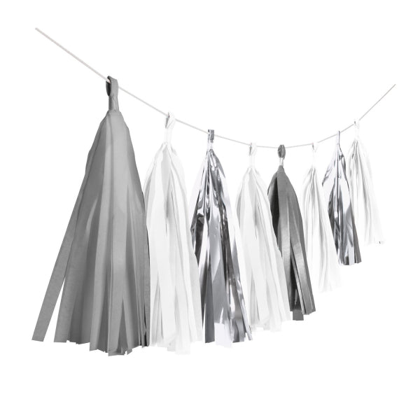 Guirnalda de borlas de papel/lámina, blanco/plata, 20 borlas, 304 cm