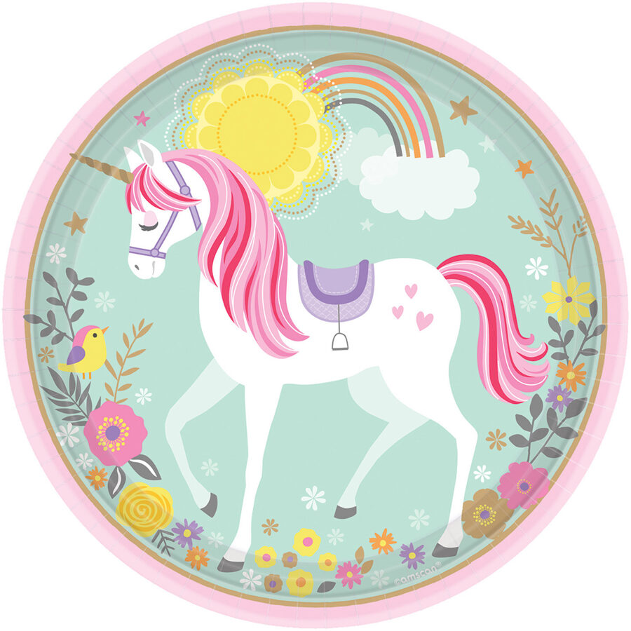 Unicorn paper plates with flowers pack of 8, 23 cm disposable plates for partie