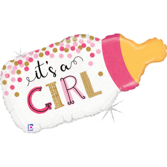 Foil Balloon Confetti Baby Bottle - Girl, pink, 33" / 84 cm