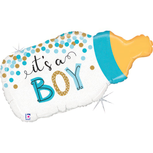 Foil Balloon Confetti Baby Bottle - Boy, blue, 33" / 84 cm