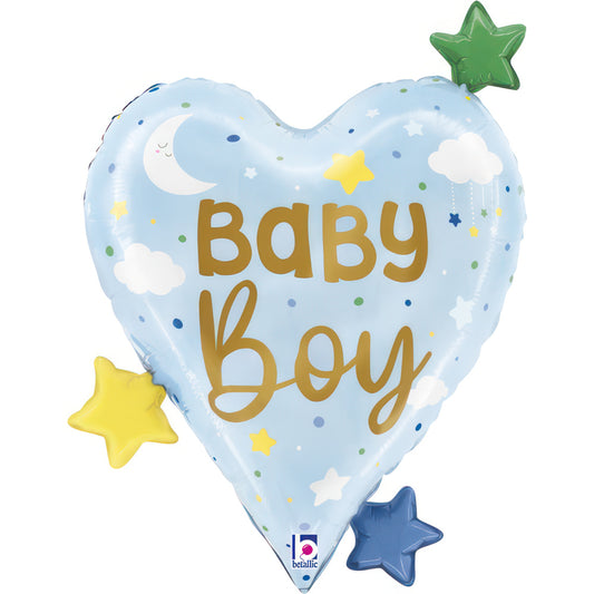 Heart-shaped blue foil balloon for baby boy, featuring stars and clouds, 25 inches.