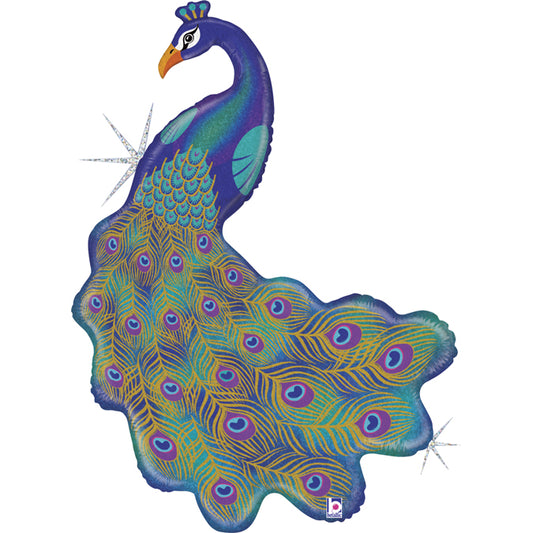 Colorful 34" foil balloon peacock, perfect for celebrations. Inflate with air or helium for a stunning display.