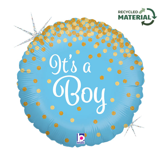 Blue foil balloon with gold dots, 'It's a Boy' design, 18 inches, perfect for celebrating a baby boy's arrival.