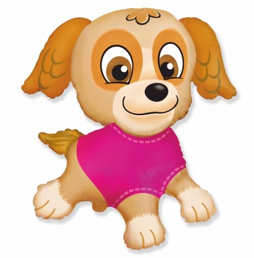 Cute foil balloon dog wearing a pink shirt, perfect for parties and celebrations. Inflate with helium or air, 61 cm size.