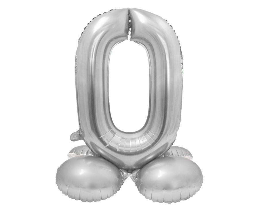 Foil balloon standing number '0', 72 cm tall, in silver color, with paper straw included for air inflation.