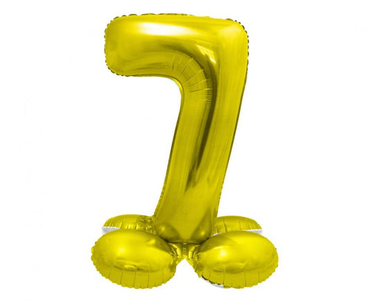 Gold foil balloon standing number 7, 72 cm, perfect for celebrations. Inflate with air; paper straw included.