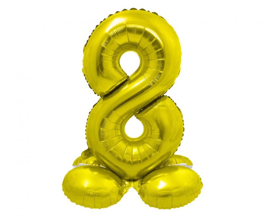 Gold foil balloon standing number 8, 72 cm tall, ideal for birthday celebrations, includes paper straw for inflation.