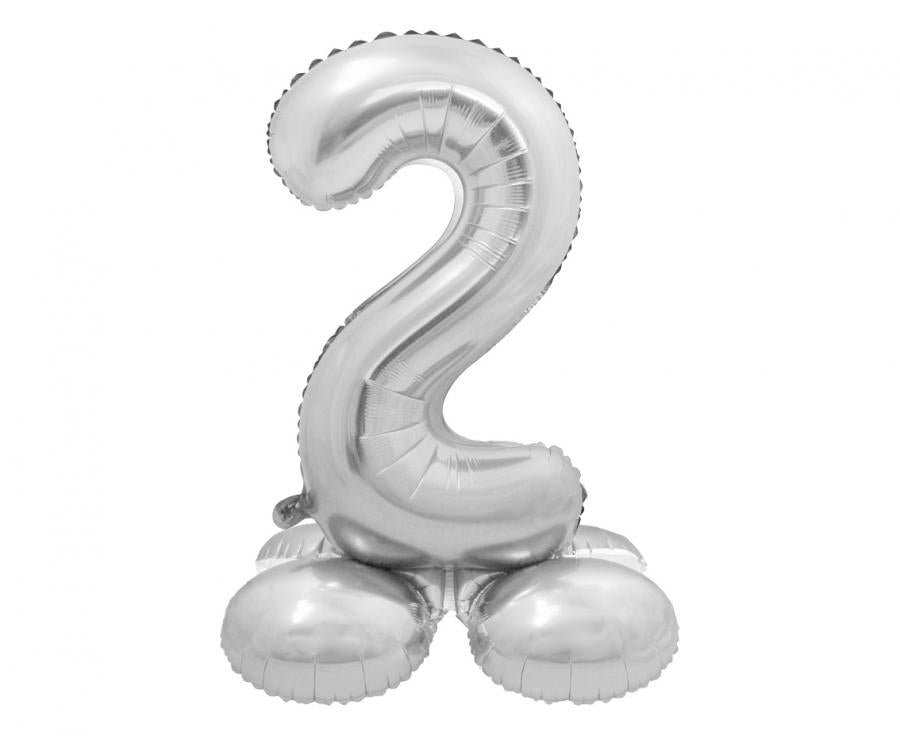 Silver foil balloon standing number '2', 72 cm tall, perfect for celebrations and parties, includes paper straw for easy inflation.