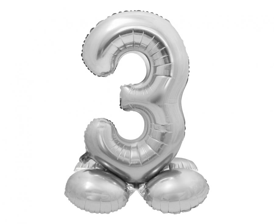 Foil Balloon Standing Number '3', 72 cm, silver with paper straw, perfect for parties and celebrations.