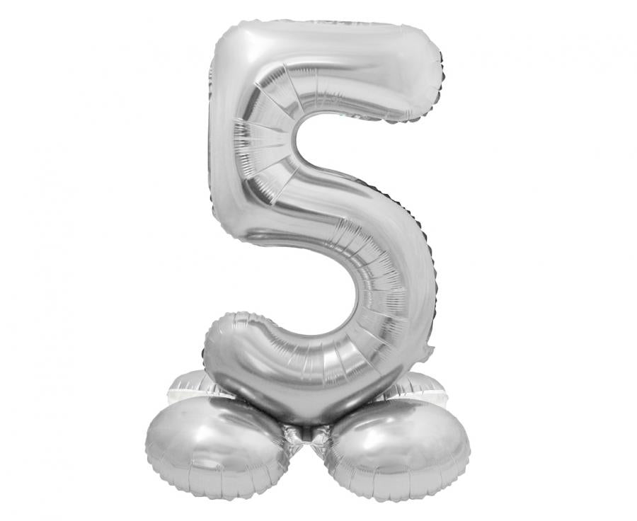 Foil balloon standing number 5 in silver, 72 cm tall, perfect for birthday celebrations, includes paper straw for air inflation.