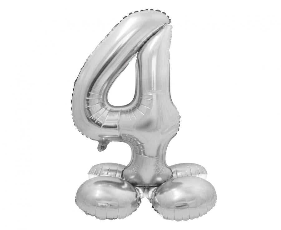 Foil Balloon Standing Number 4 in silver, 72 cm tall, perfect for celebrations, includes paper straw for easy inflation.