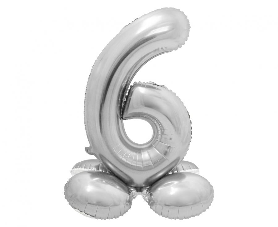 Foil Balloon Standing Number 6, 72 cm, silver with base for festive celebrations, inflate with air only.