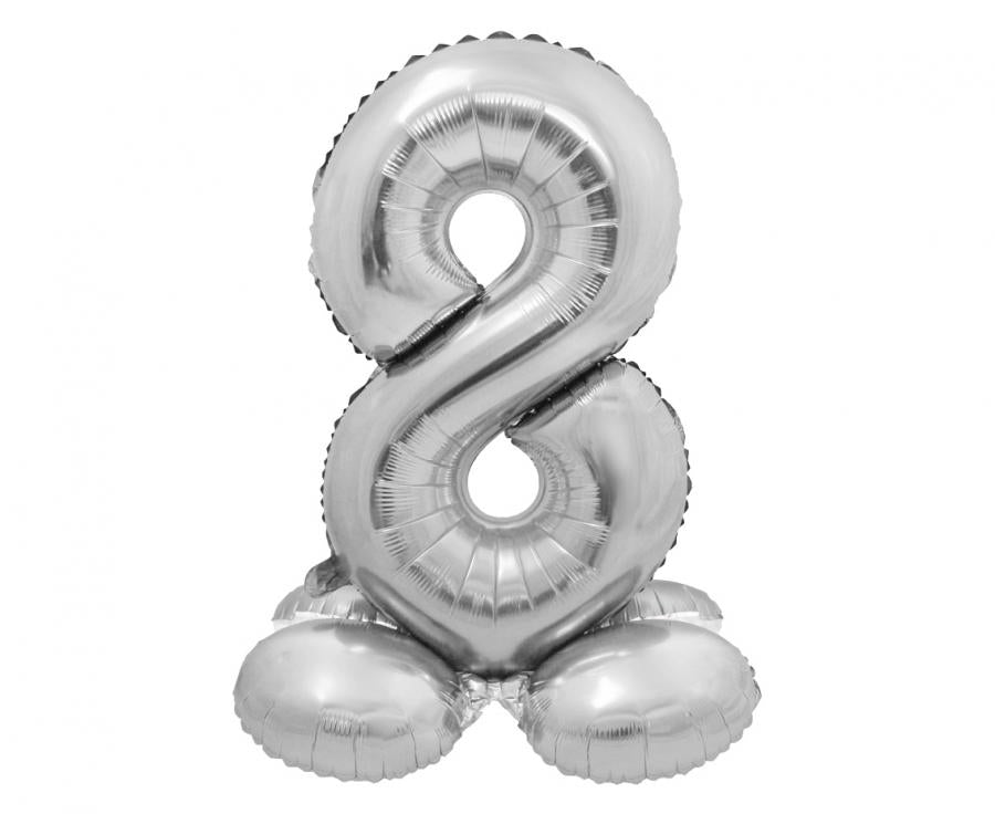 Silver foil balloon standing number 8, 72 cm tall, perfect for celebrations. Includes paper straw for easy inflation.