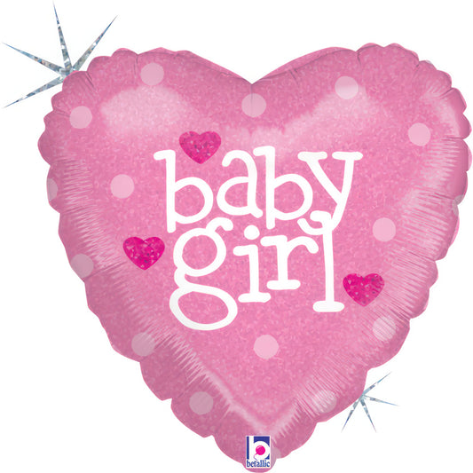 Pink heart-shaped foil balloon for baby girl, 18"/46 cm, with polka dots and glitter, perfect for celebrations.