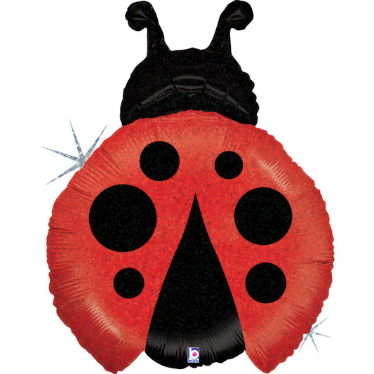 Holographic ladybug foil balloon, 69 cm, suitable for air or helium inflation, perfect for parties and celebrations.