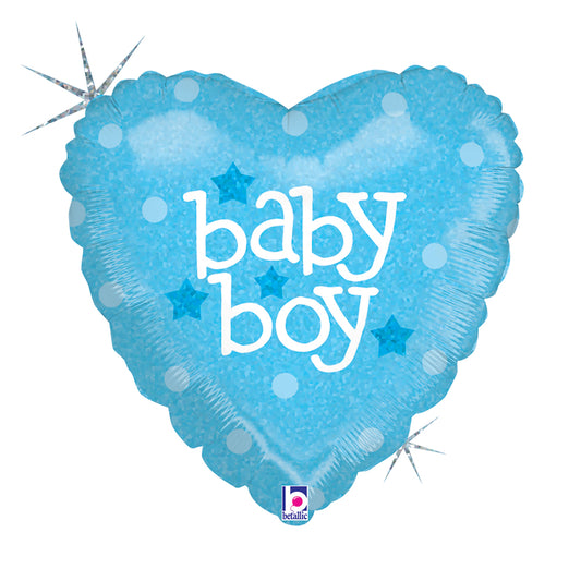 Blue heart-shaped foil balloon for baby boy, 18 inches, decorated with stars and dots, perfect for celebrations.