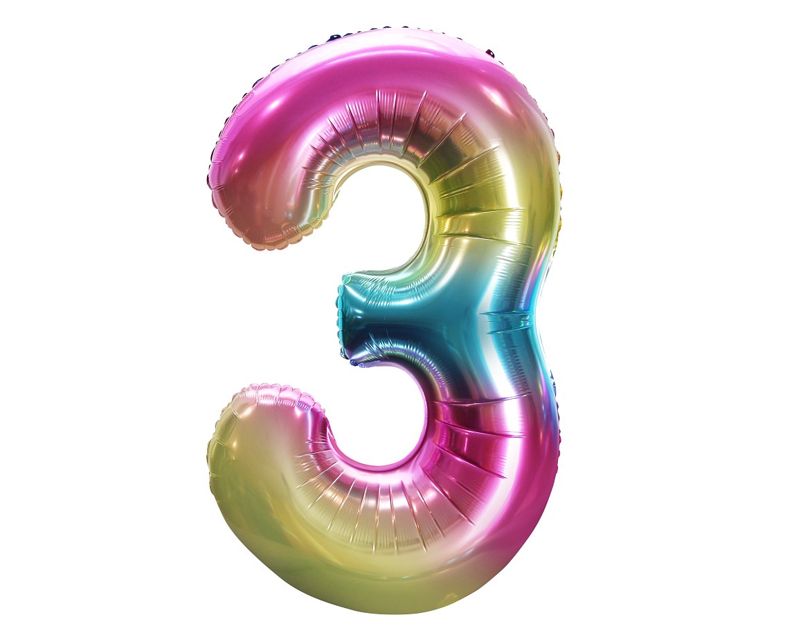 Foil Balloon Number "3", 85 cm, rainbow Partydeco