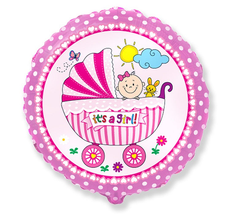 Pink foil balloon trolley with 'It's a girl!' design, suitable for celebrations, 18"/46cm size.