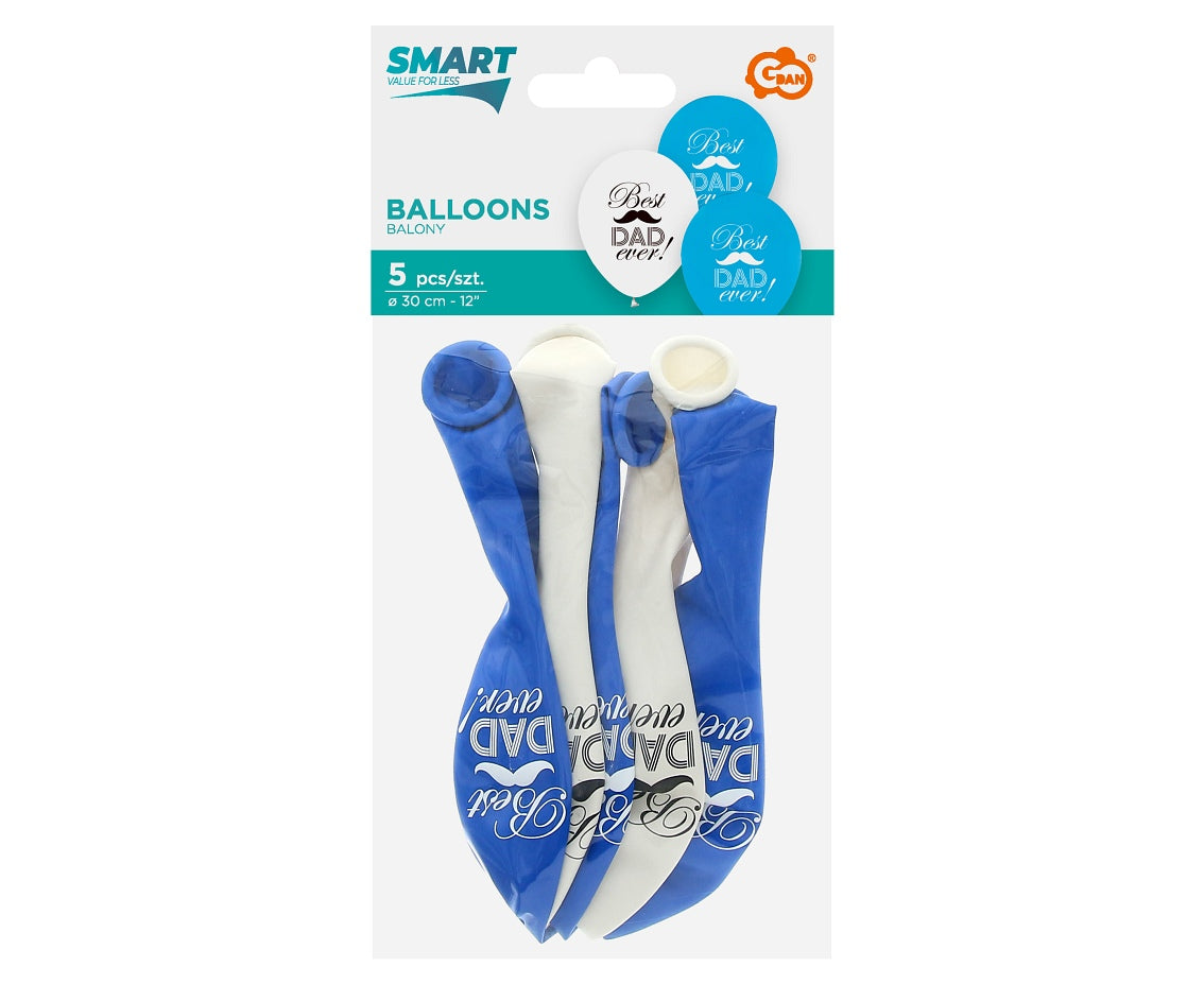 Latex balloons Best Dad Ever, blue and white, 12"/ 30 cm, 5 pcs. Godan
