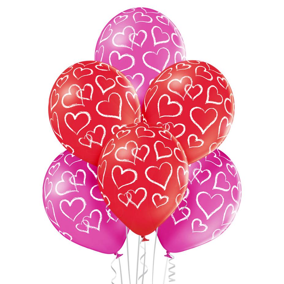 Latex balloons Hearts, red and pink, 12"/ 30 cm, 6 pcs. Belbal