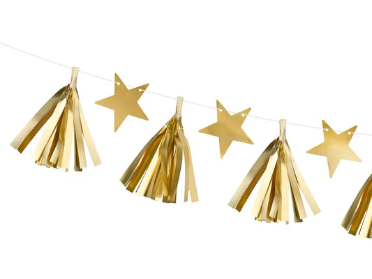 Guirnalda de papel Estrellas y Borlas, dorada, 1,3 m