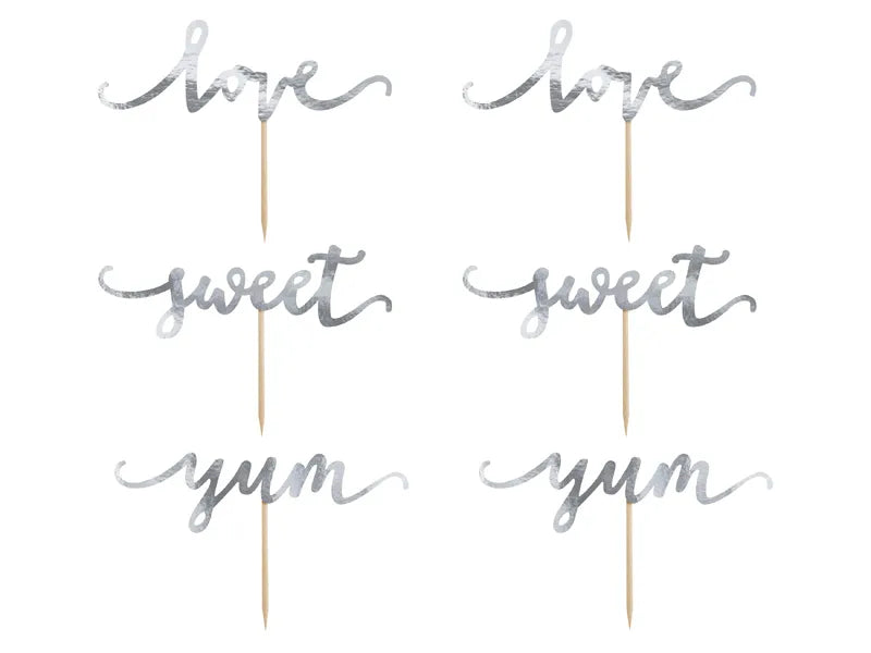 Cupcake toppers Love, silver, 13 cm, 6 pcs Partydeco