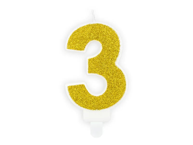 Candle Number 3, gold glitter, 7 cm Partydeco