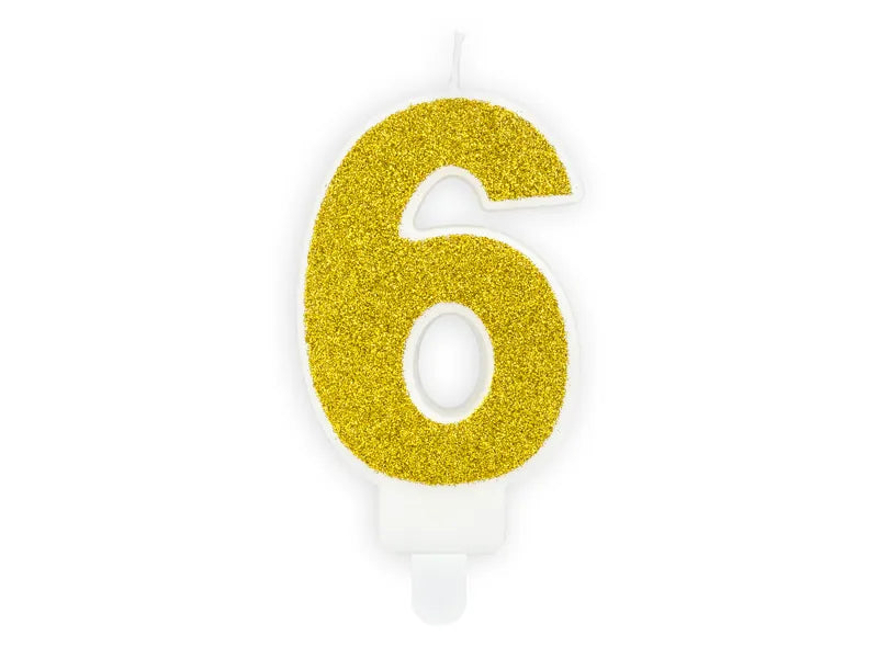 Candle Number 6, gold glitter, 7 cm Partydeco