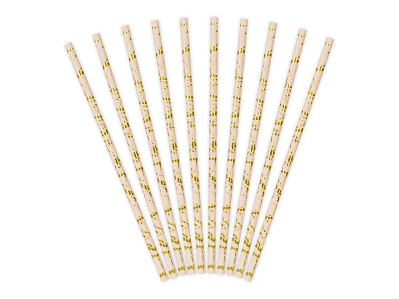 Paper straws, powder pink with metallic gold marble pattern, 19.5 cm., 10 pcs Partydeco