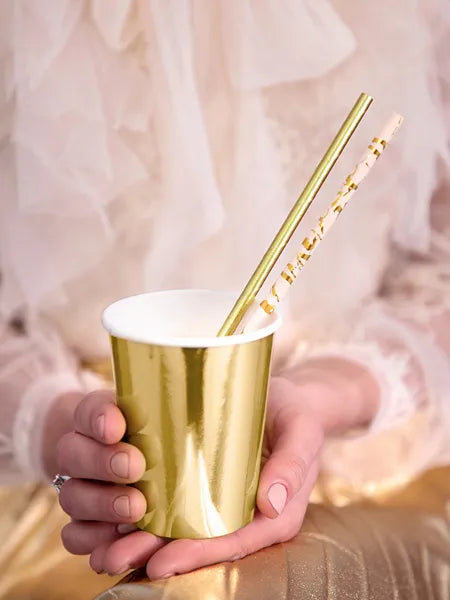 Paper straws, powder pink with metallic gold marble pattern, 19.5 cm., 10 pcs Partydeco