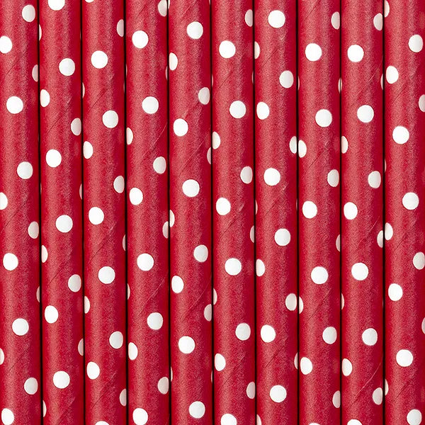 Paper Straws, red with white dots, 19.5cm, 10 pcs Partydeco