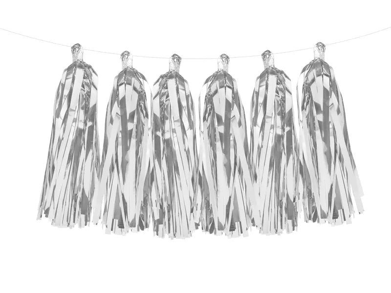 Guirnalda de borlas de papel de aluminio, color plata (12 borlas)