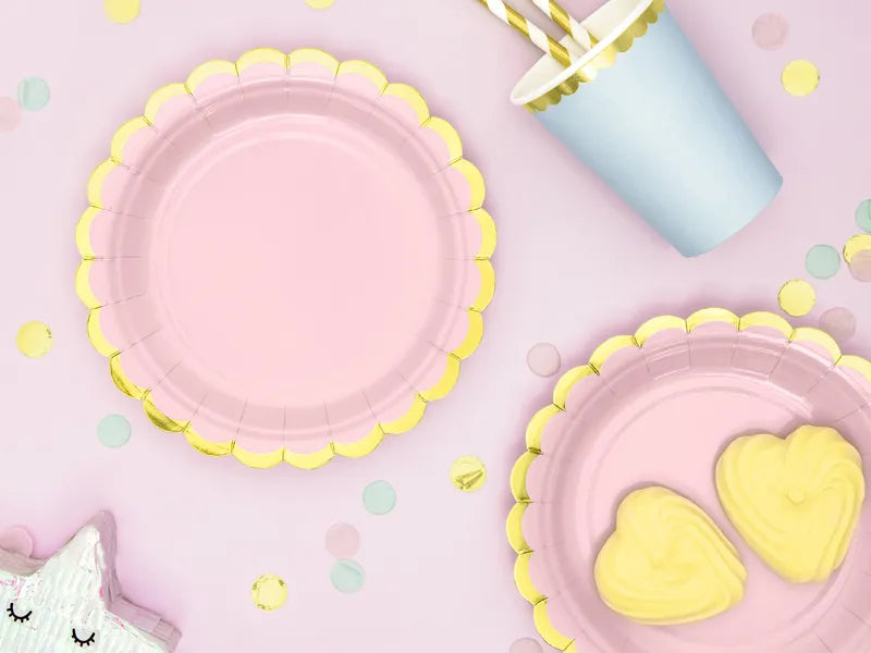 Paper plates, light pink with gold metallic edges, 18cm, 6 pcs Partydeco