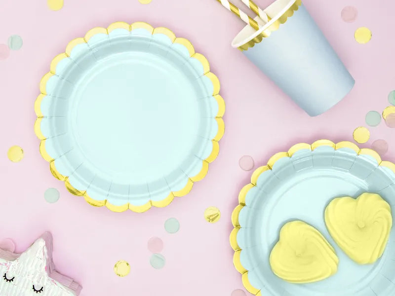 Paper plates, mint with gold metallic edges, 18cm, 6 pcs Partydeco