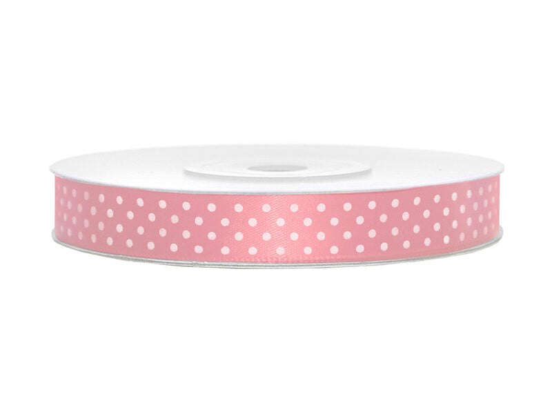 Satin Ribbon, pink with white dots, 12 mm x 25 m Partydeco