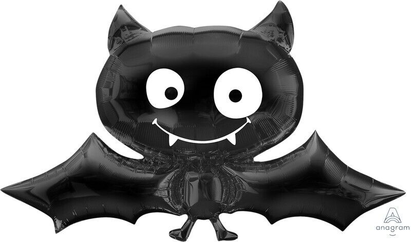 Foil Balloon Bat, 104 cm, black bat design with round white eyes, suitable for air or helium inflation, perfect for Halloween.