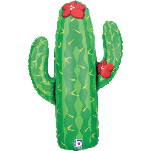 Foil Balloon Cactus, 104 cm inflatable decoration, perfect for parties, inflate with air or helium, vibrant design with flowers.