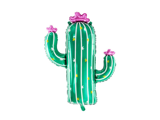 Foil Cactus Balloon, 62x84 cm, vibrant green color with pink flowers, ideal for parties, can be inflated with air or helium.