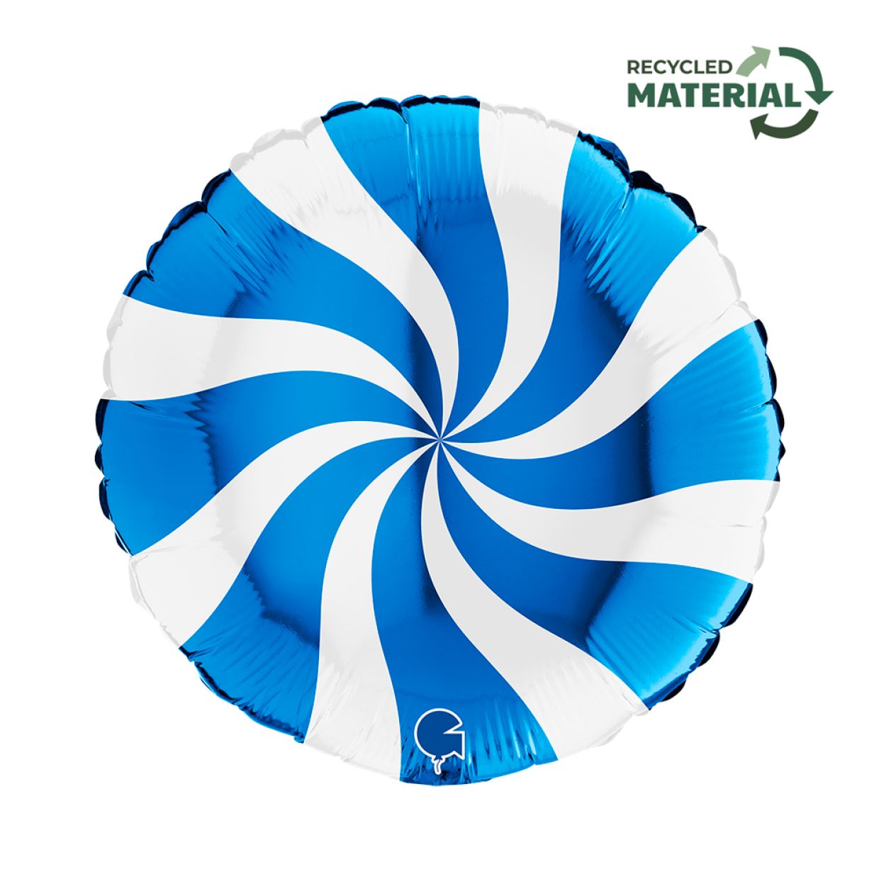 Circular foil balloon in blue and white swirl design, 46 cm size, made from recycled material, ideal for parties.