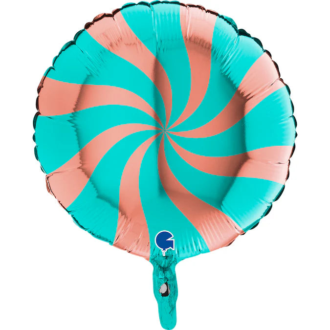 Colorful 46 cm foil balloon candy in turquoise and coral swirl design, perfect for parties and celebrations.