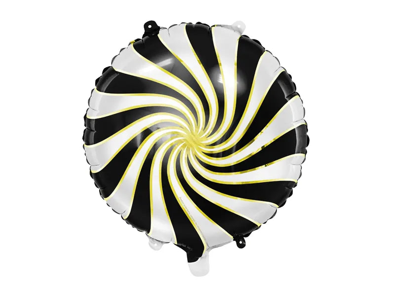 Foil balloon candy, 35 cm, spiral design in black and white, perfect for parties; inflates with air or helium.