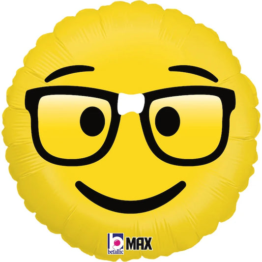 Foil Balloon Emoji Smile with Glasses, Nerd design, 18" / 46 cm, ideal for parties, inflate with air or helium.