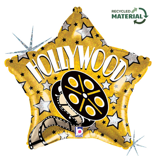 Foil balloon in star shape with Hollywood theme, featuring film reel and stars, 48 cm, suitable for parties.
