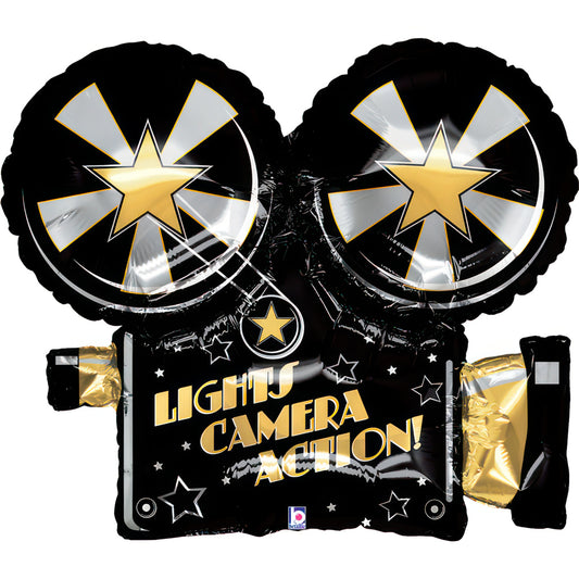 Foil balloon designed with 'Lights Camera Action' theme, featuring star shapes, 81 cm size for parties or celebrations.
